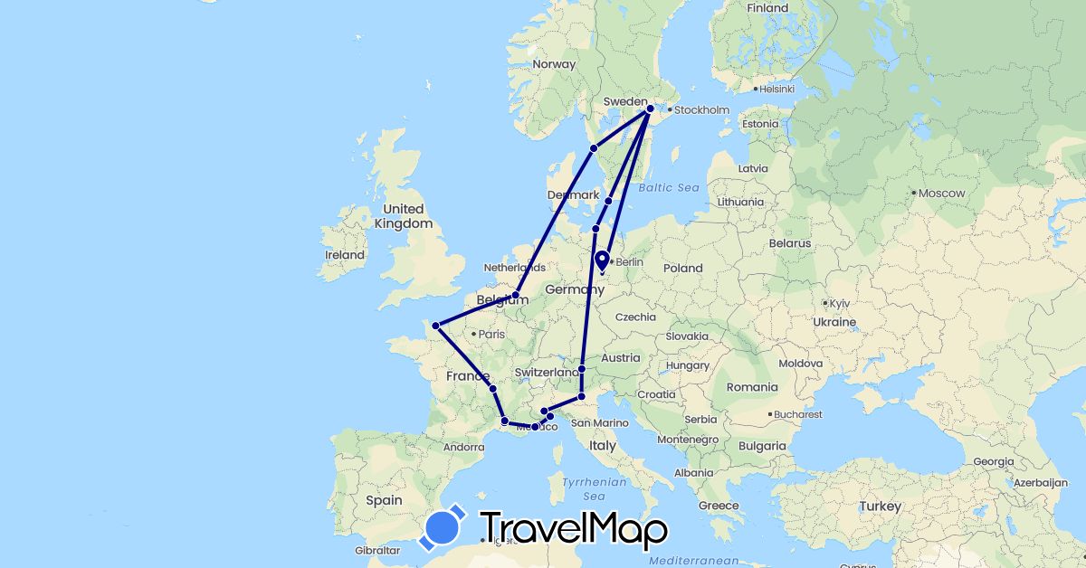 TravelMap itinerary: driving in Austria, Germany, France, Italy, Monaco, Netherlands, Sweden (Europe)